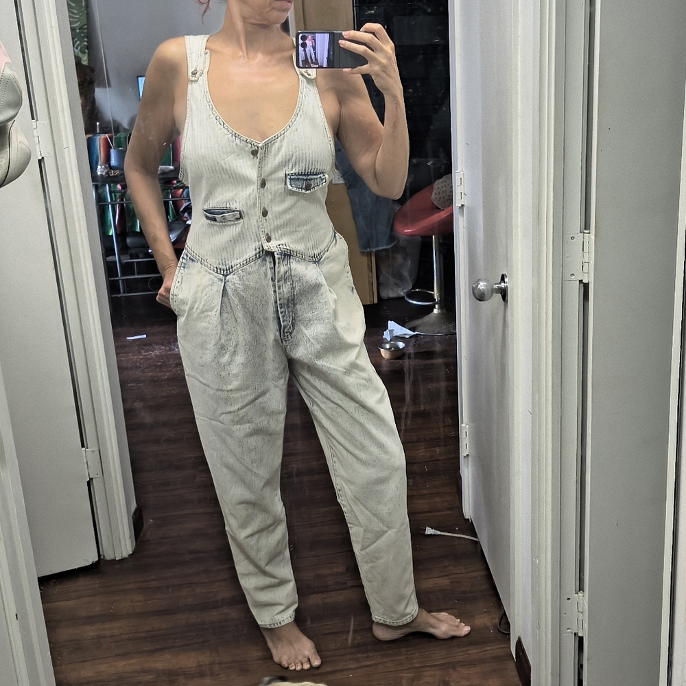 Vtg 80s Squeeze Denim Acid Wash Overalls jumpsuit pleated front size 13